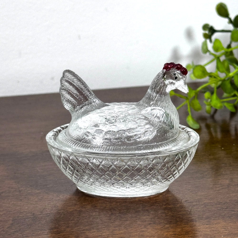 Vintage Clear Glass Mini Hen On A Nest Salt Cellar Chicken Farmhouse Decor 2.25"